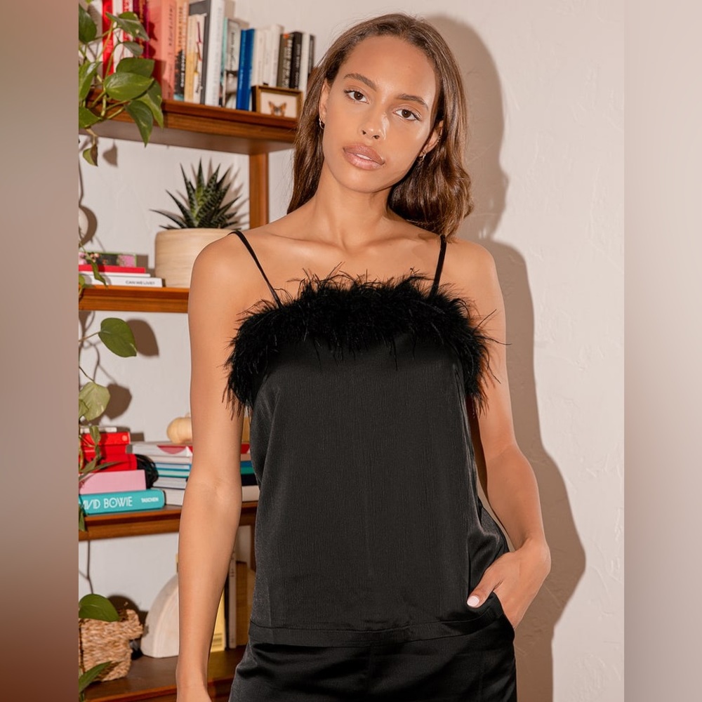 NWT Lulus So Much Luxe Black Satin Feather Tank Top